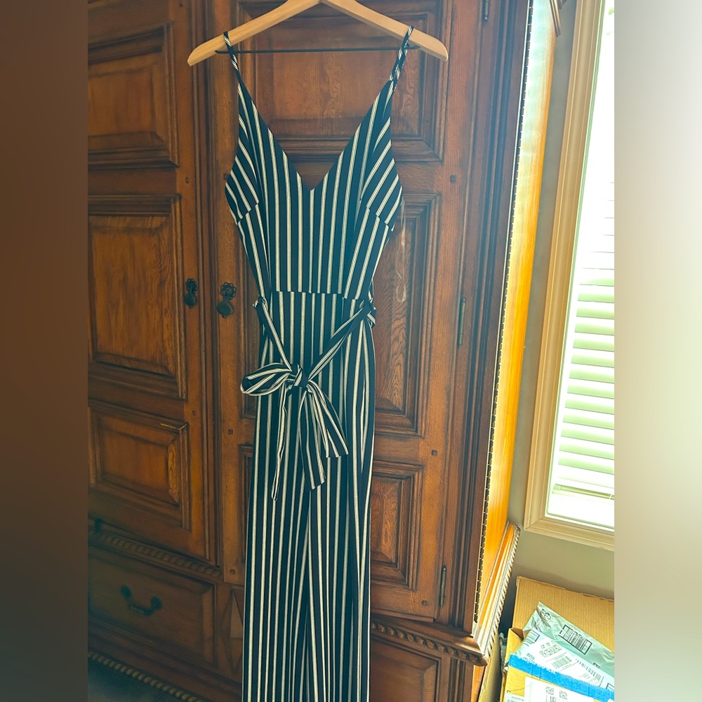 Striped blue and white jump suit